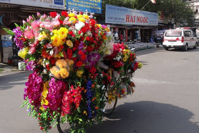 Vélo chargé de fleurs multicolores