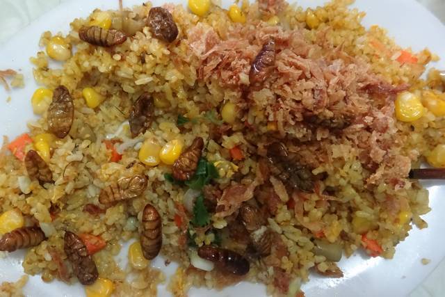 riz avec des Nhộng Tằm, qui sont des chrysalides de vers à soie